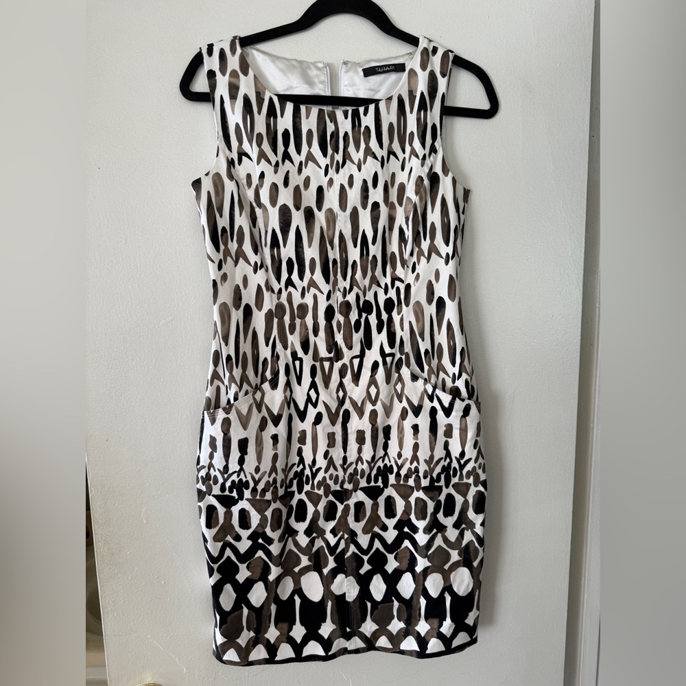 Tahari Women’s Black White & Brown Sleeveless Sheath Midi Pencil Dress